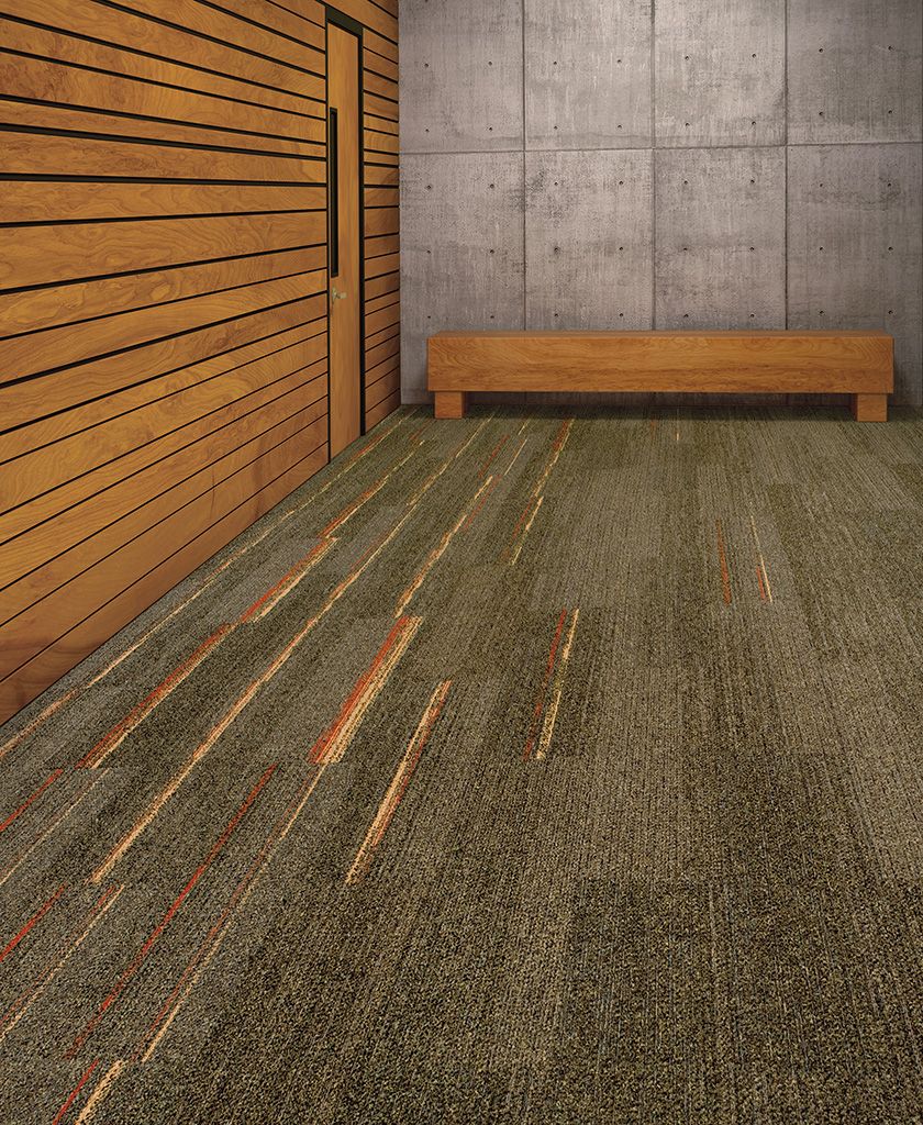 Interface Ground Waves and Harmonize plank carpet tile against wood and cement walls with wood bench image number 2